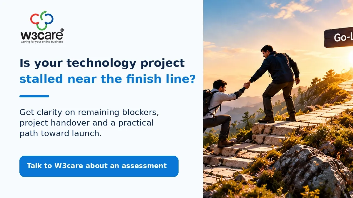 W3care project assessment visual for organizations facing software delays, development handovers or platform sustainability challenges