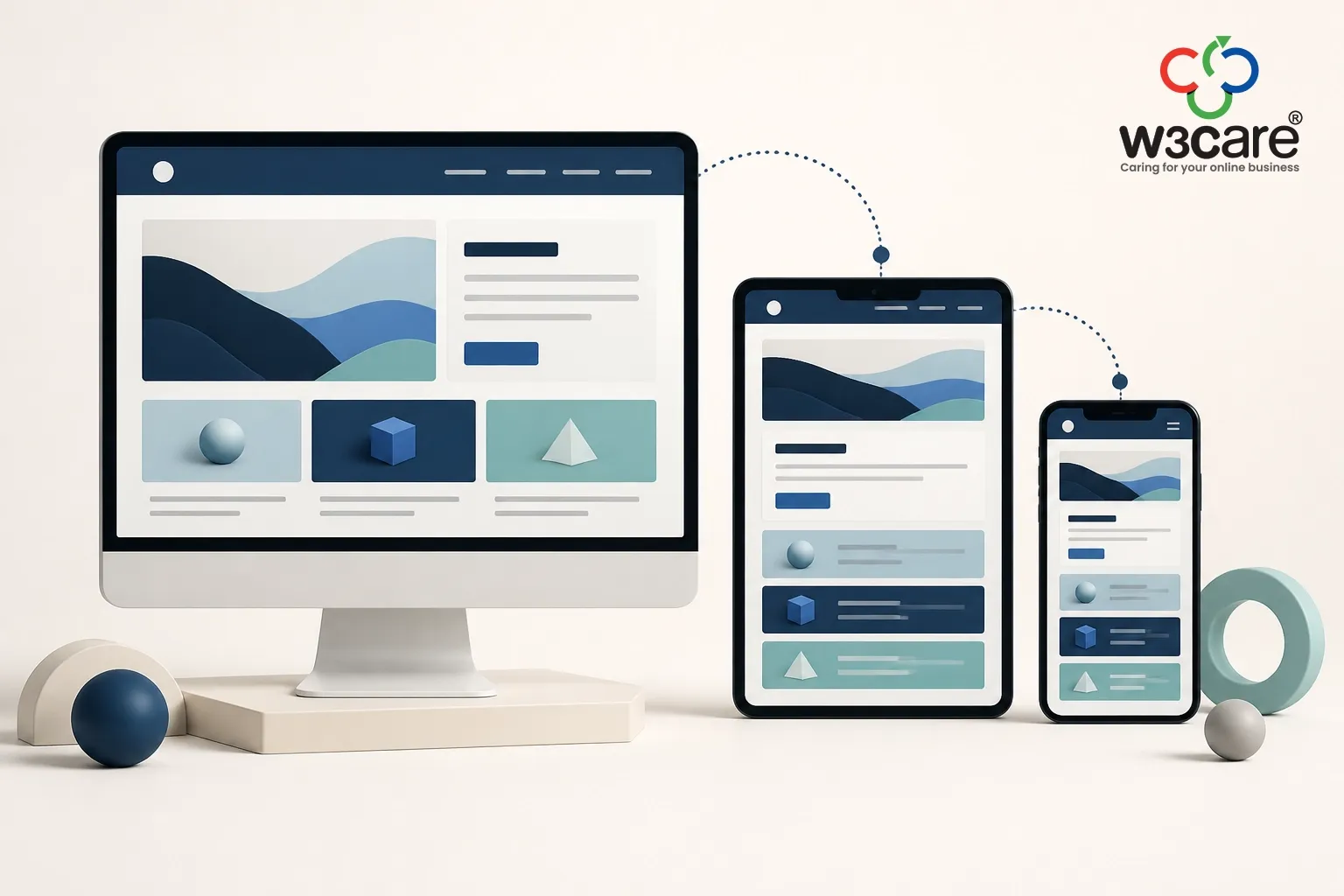 The same website layout adapting across desktop, tablet and mobile screens.