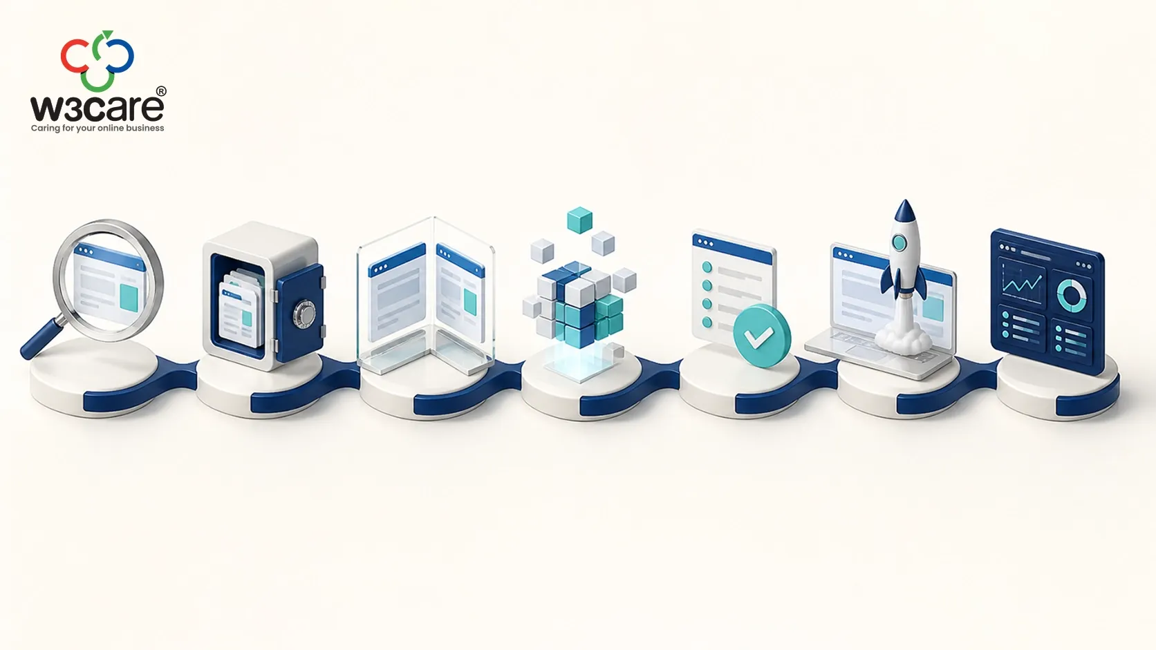 Seven-stage website upgrade process covering review, backup, staging, upgrade, testing, deployment and monitoring.