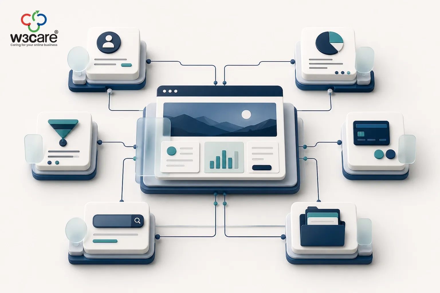 Central business website connected to CRM, analytics, marketing, payments, search and content systems.