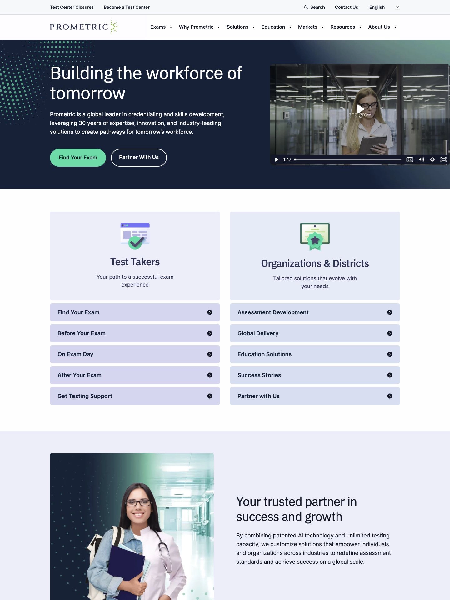 Prometric homepage with exam access, test-taker resources, and services for organizations