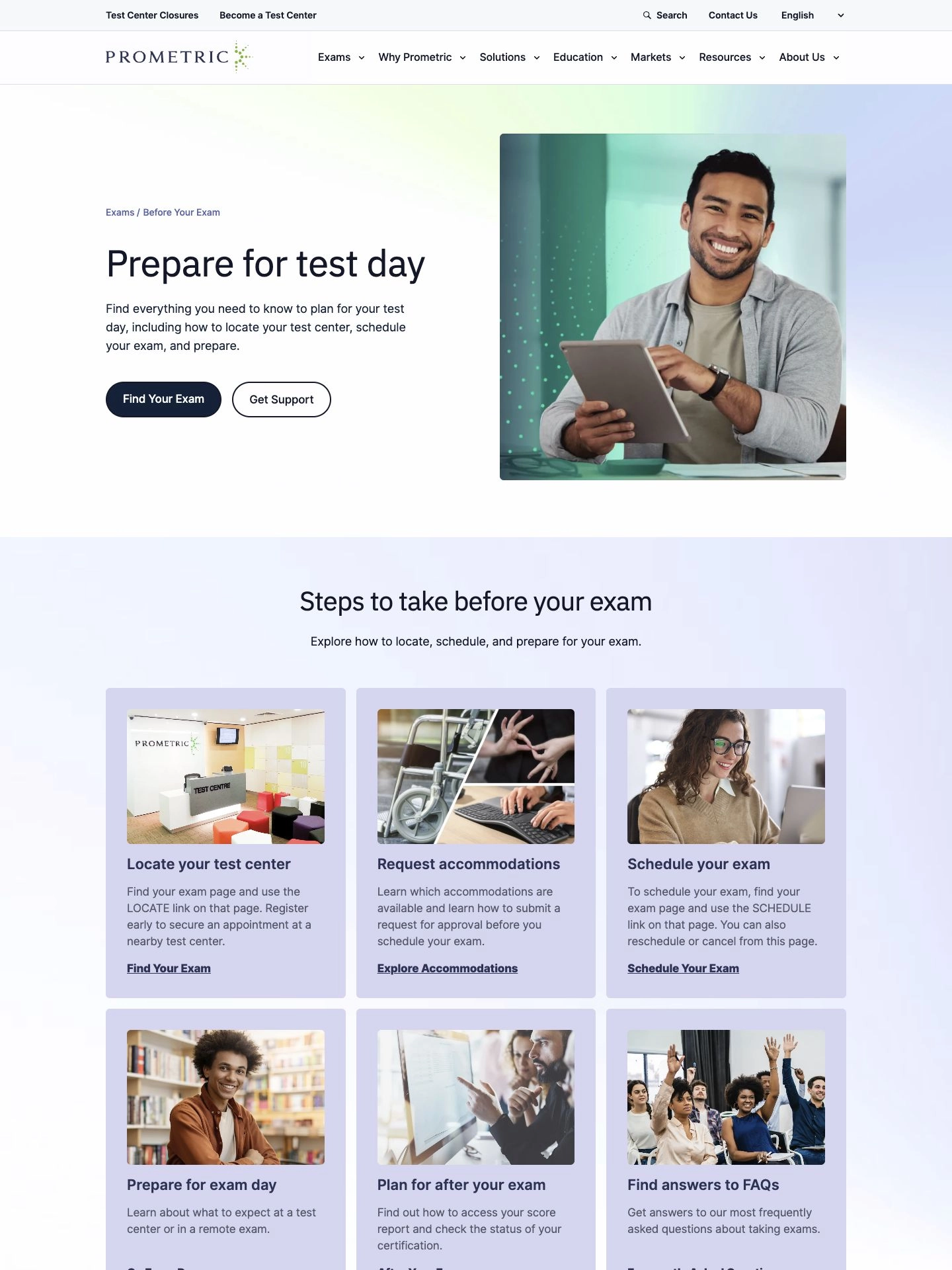 Prometric exam preparation page with test center, accommodation, and scheduling guidance