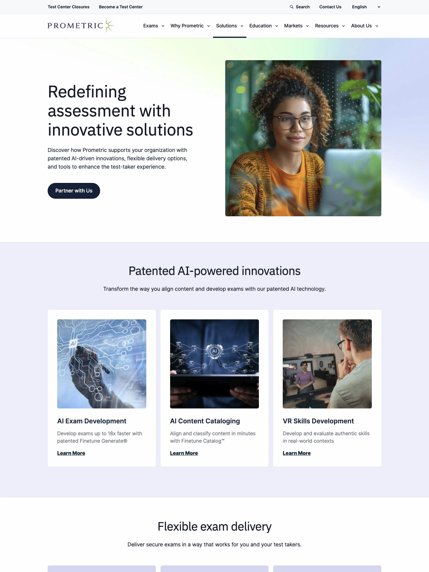 Prometric solutions page featuring AI assessment tools and flexible exam delivery