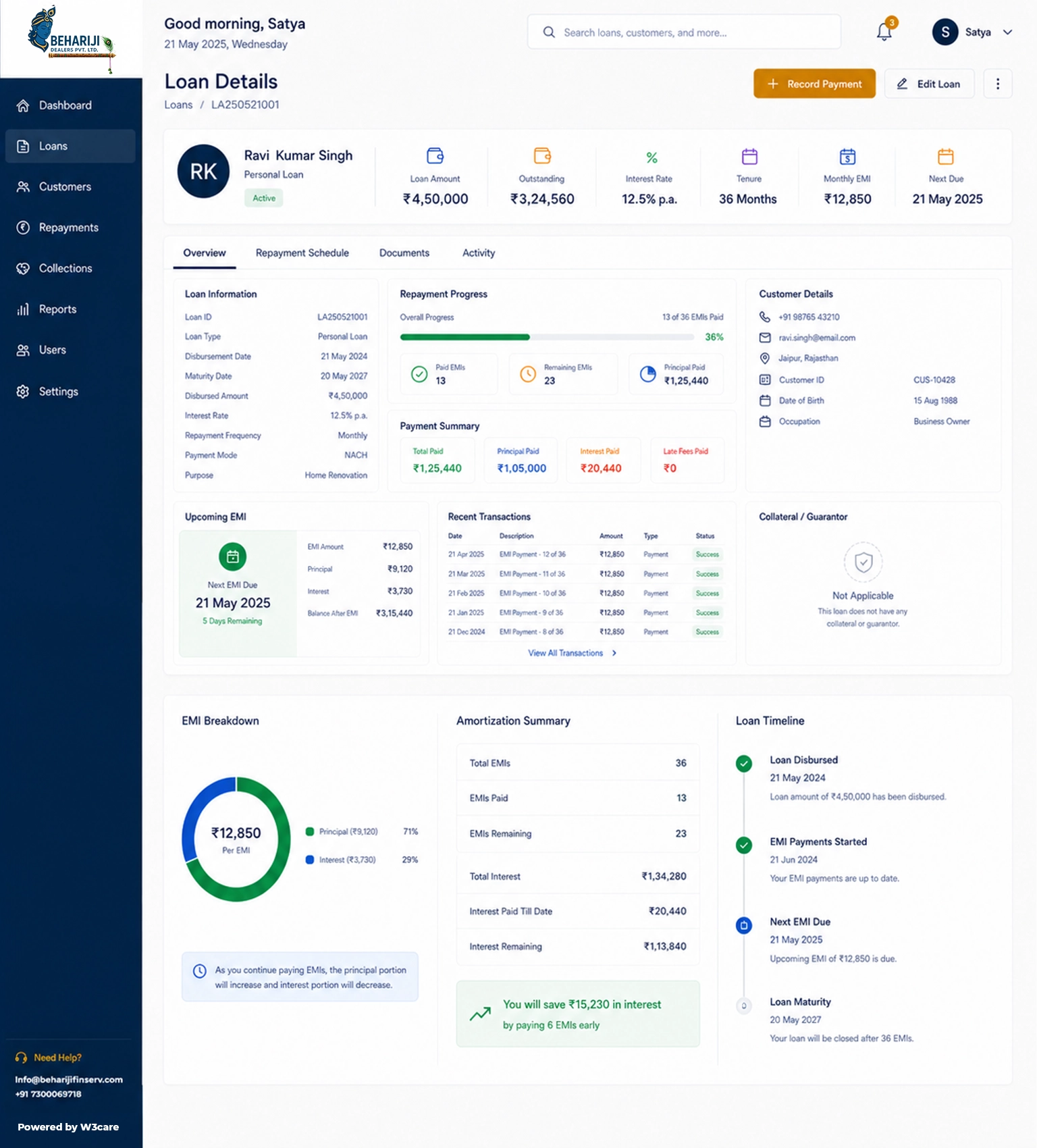 Customer profile and loan history in the Behariji Finserv platform