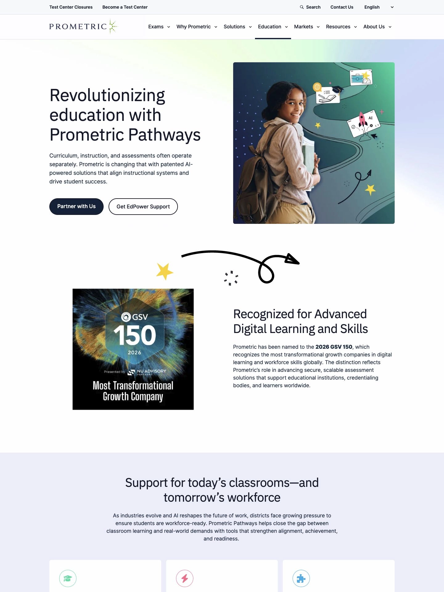 Prometric Pathways education page featuring curriculum, instruction, and assessment solutions