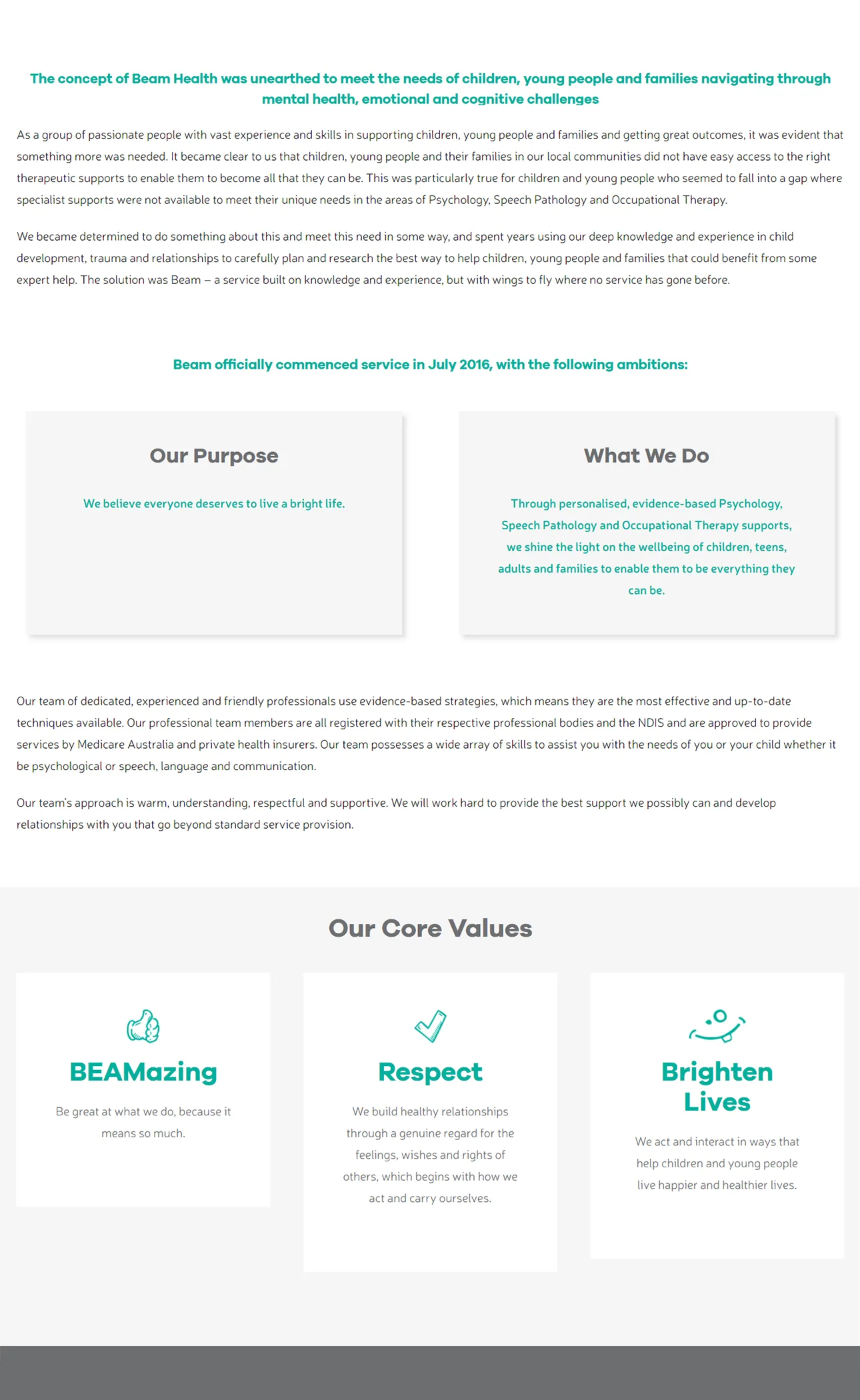 Beam Services Core values, Purpose and What we do
